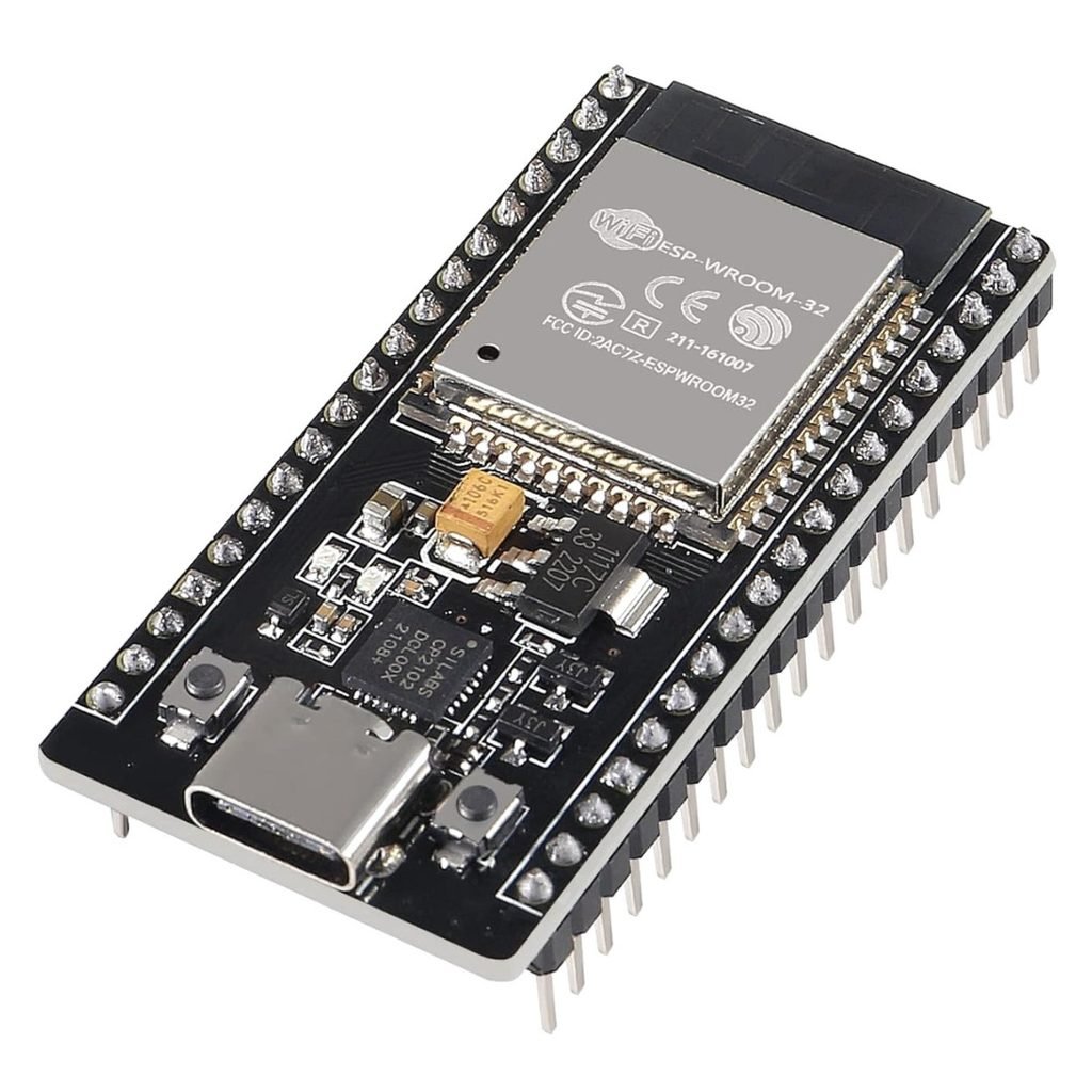 An ESP32 microcontroller development board showing its embedded components